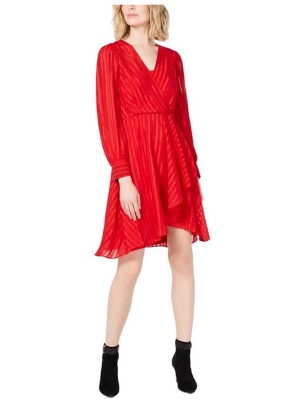 Calvin Klein Red Shadow Stripe Puff Sleeve Cocktail Sheer Wrap Dress Size 10